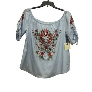 Hinge Off Shoulder Floral Embroidered Top Size Large Blue Ruched Sleeve Boho NWT